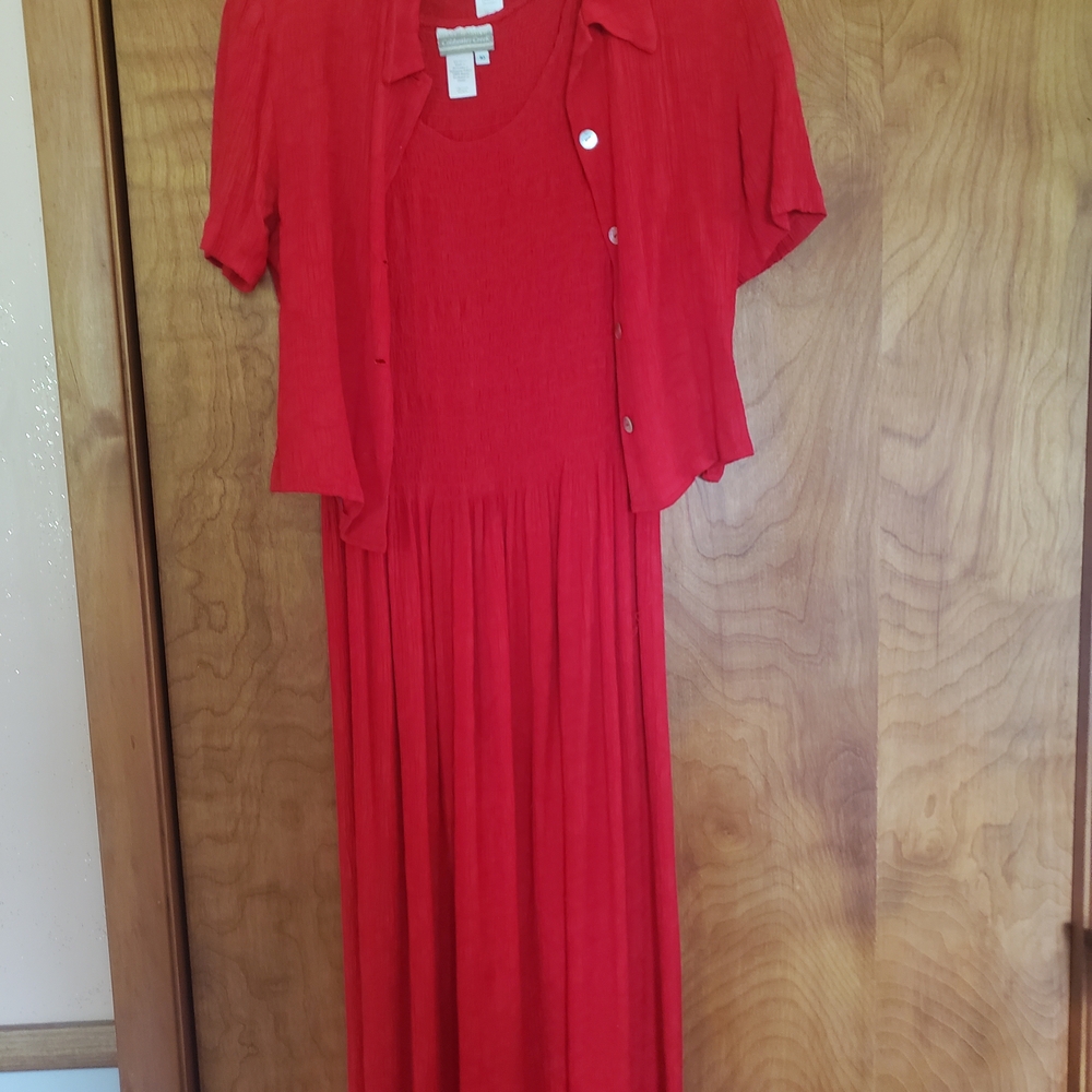 Coldwater Creek Red Maxi Dress with Short-Sleeve Button Top